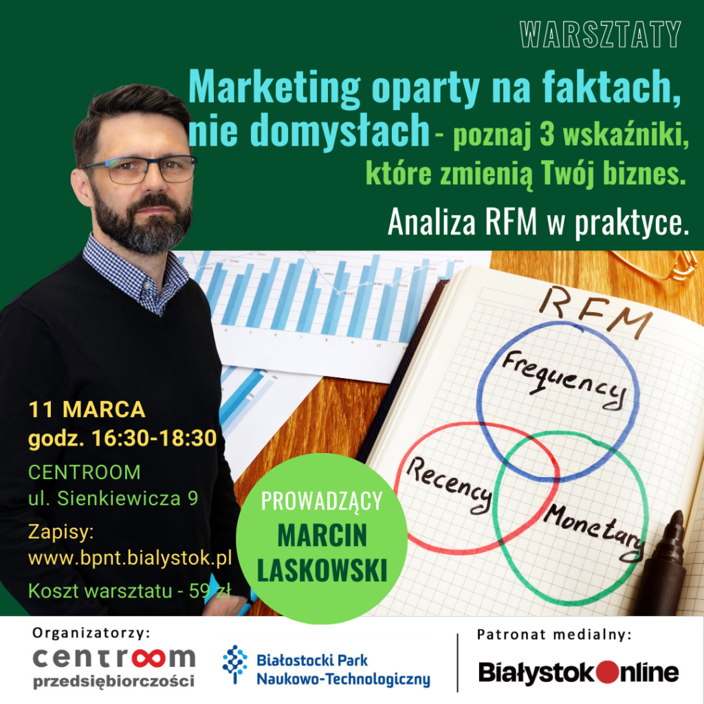 Marketing oparty na faktach, nie domysłach – poznaj 3 wskaźniki, które zmienią Twój biznes. Analiza RFM (Recency, Frequency, Monetary) w praktyce | Warsztat w ramach cyklu Centroom Przedsiębiorczości